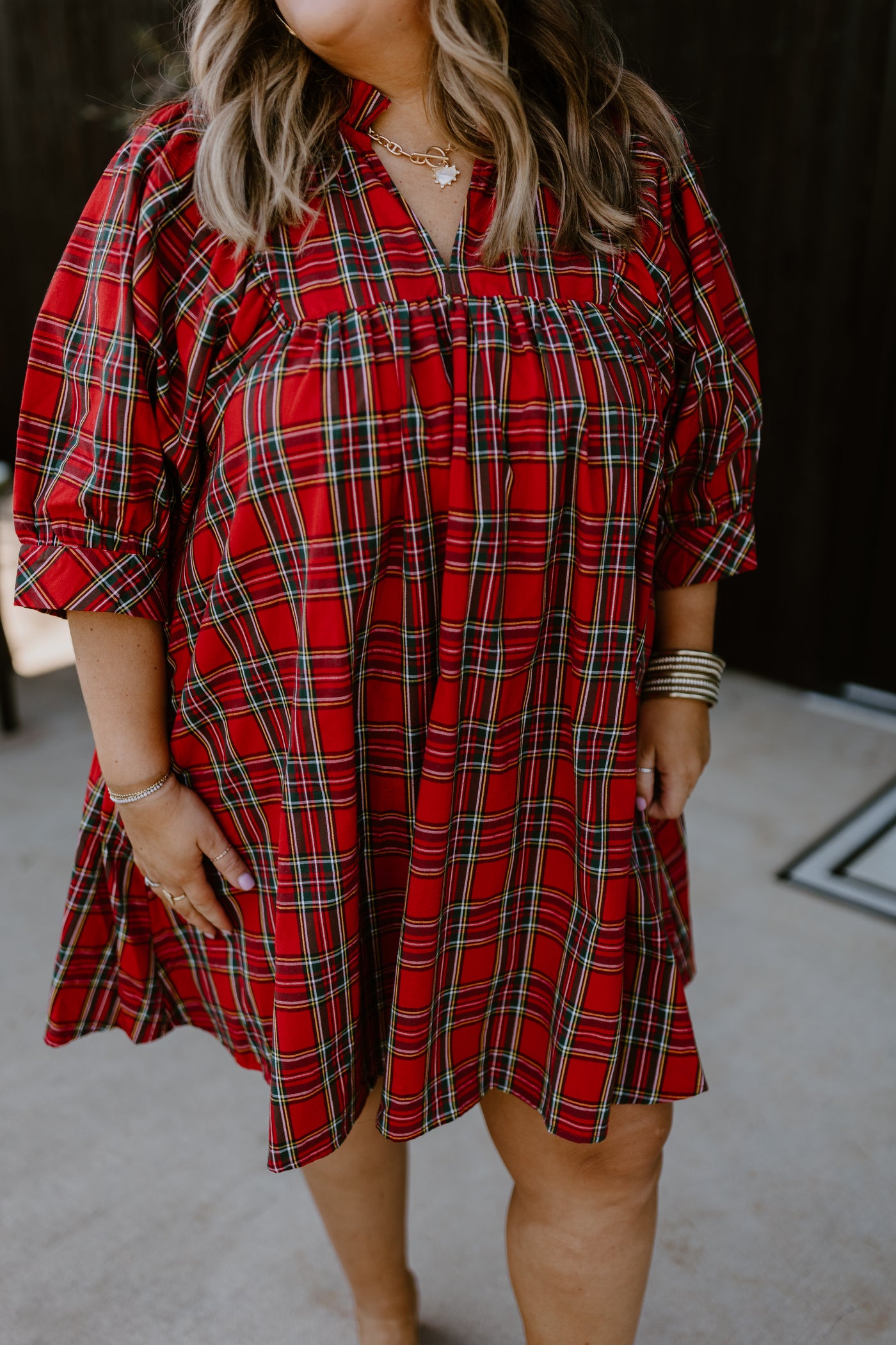 Red Plaid V-Neck Puff Sleeve Mini Dress