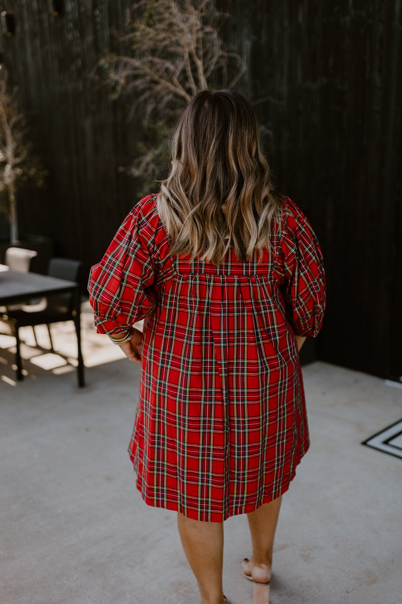 Red Plaid V-Neck Puff Sleeve Mini Dress