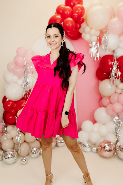 Magenta Poplin Ruffle Tiered Mini Dress