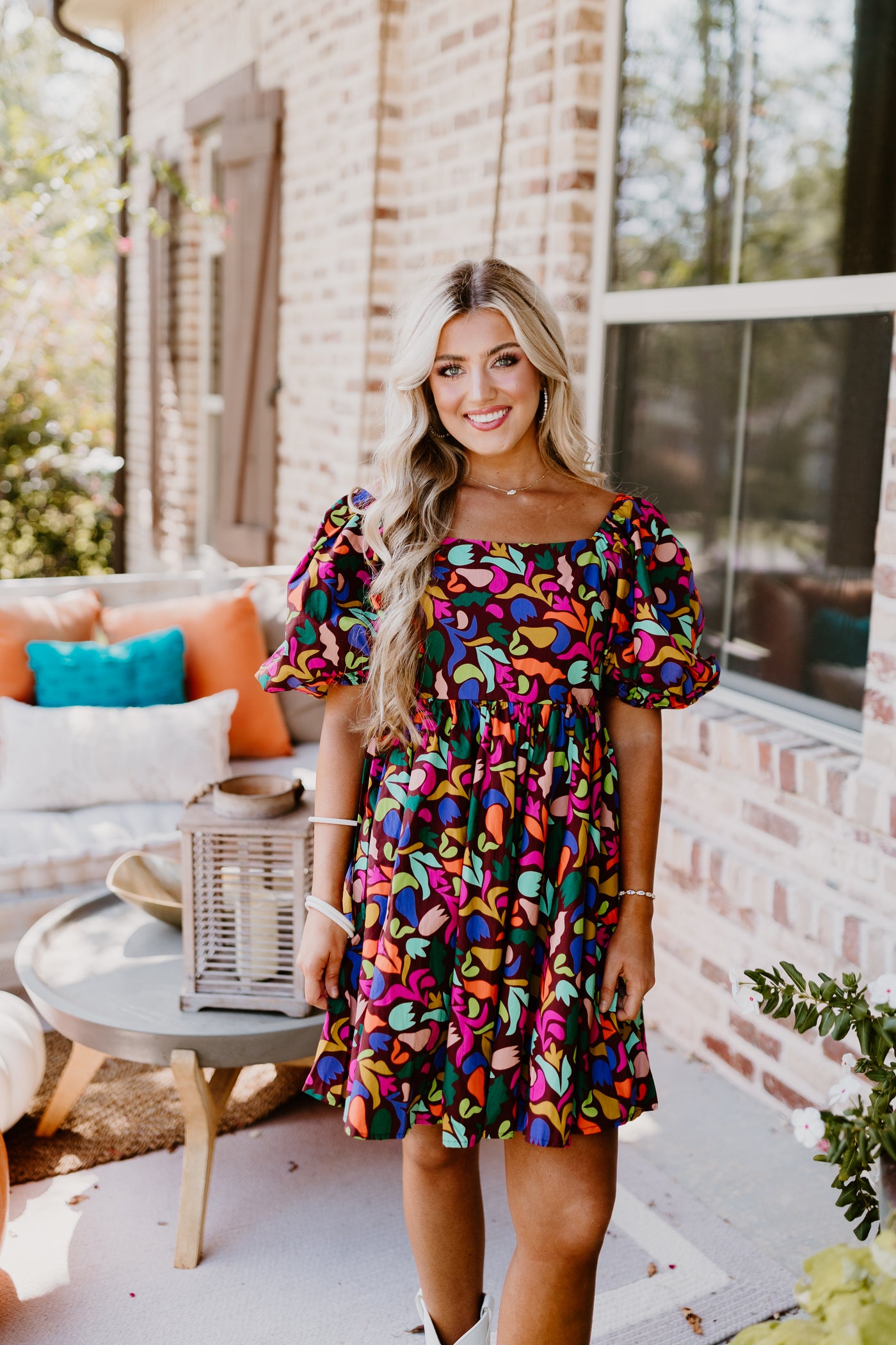 Brown Popping Floral Print Mini Dress