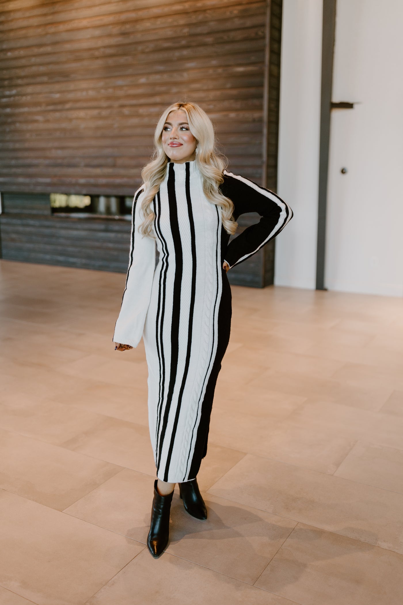 Off White and Black High Neck Long Sleeve Midi Sweater Dress