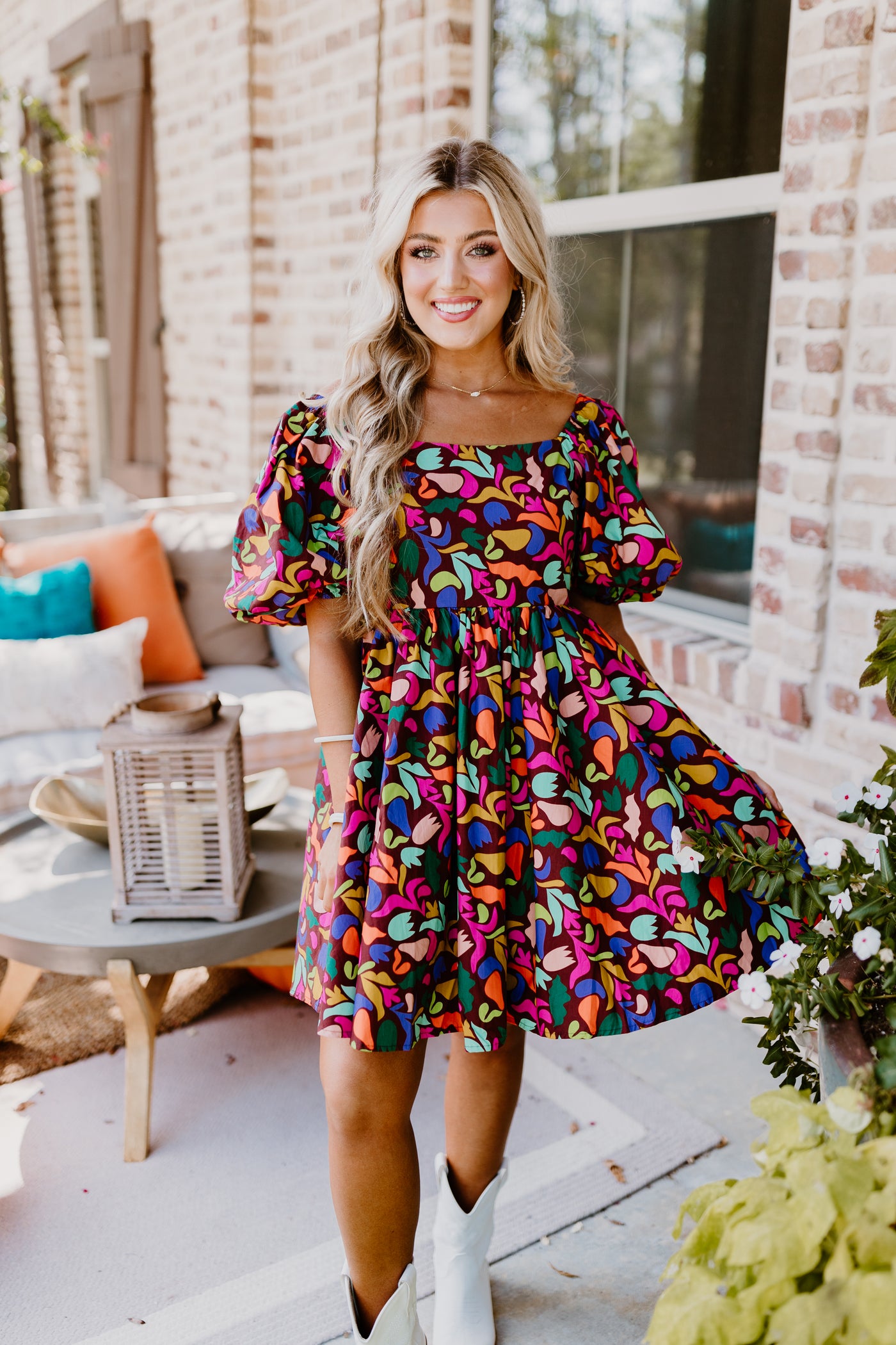 Brown Popping Floral Print Mini Dress