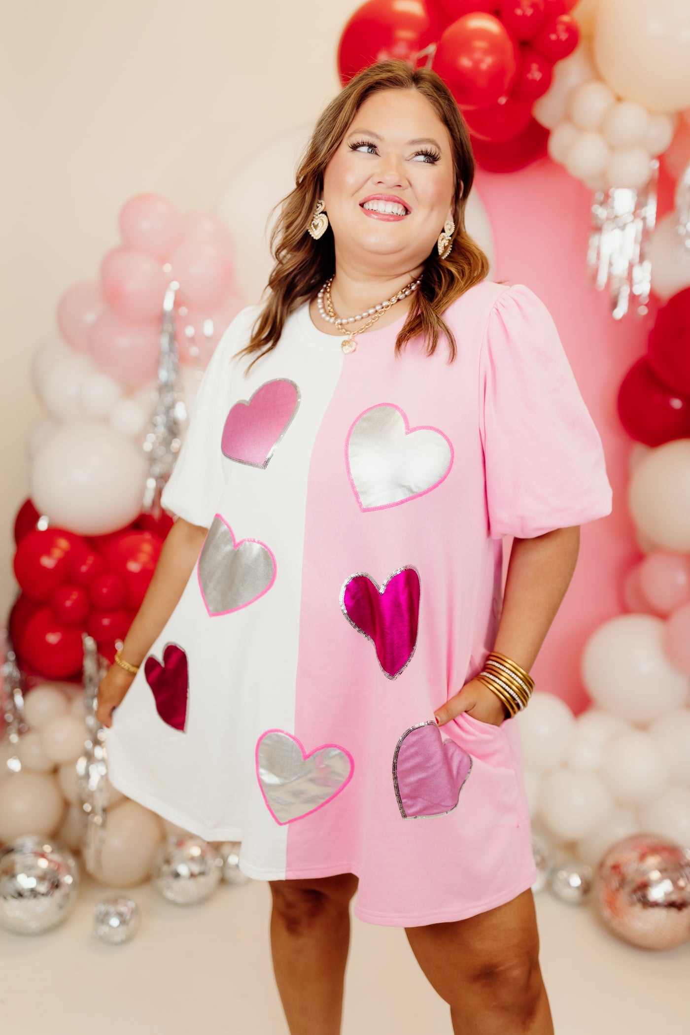 White and Pink Colorblock Metallic Hearts Dress