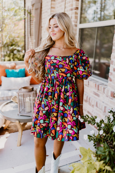 Brown Popping Floral Print Mini Dress