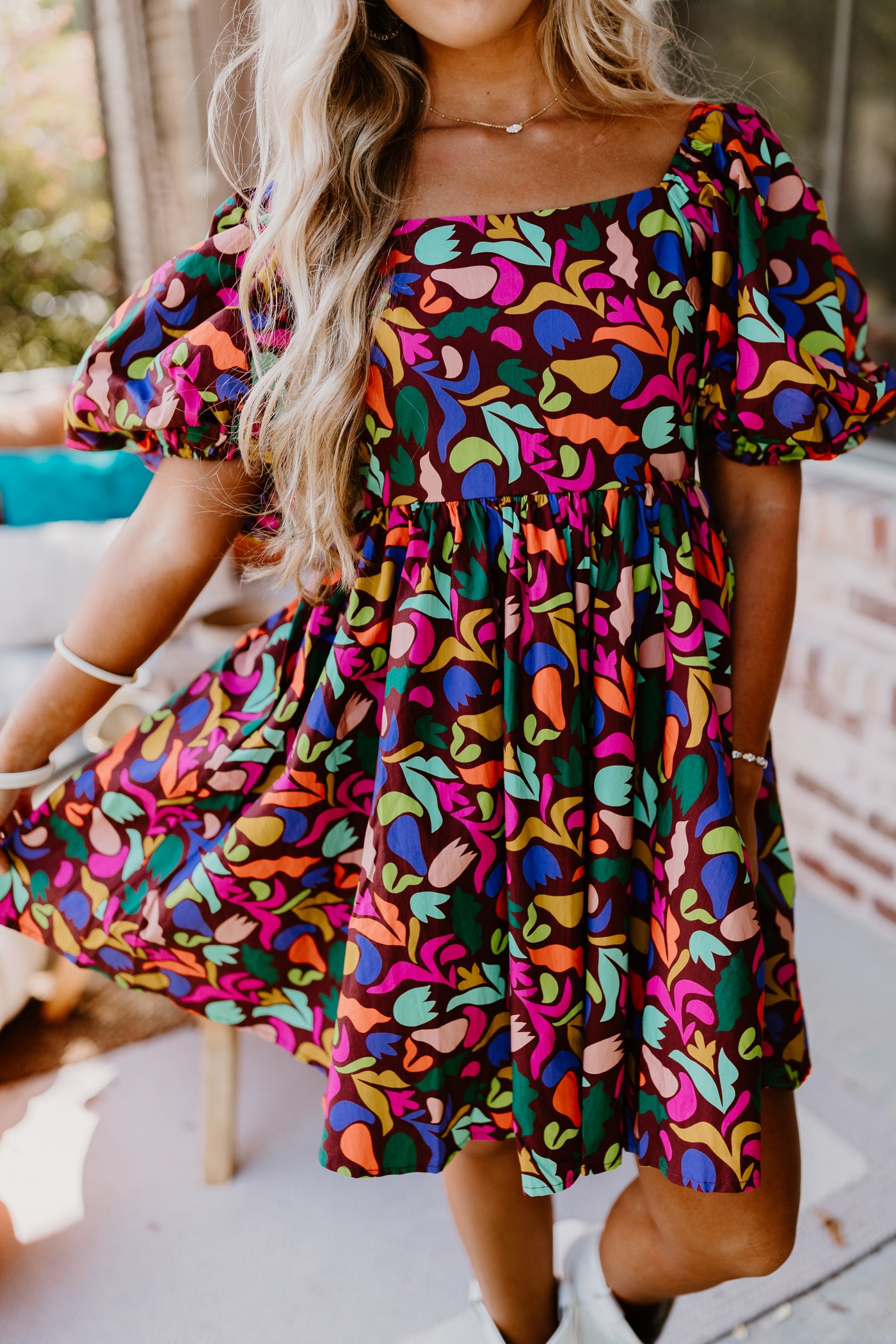 Brown Popping Floral Print Mini Dress