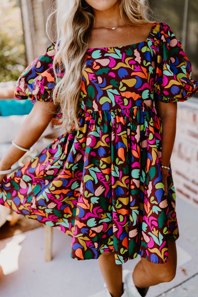 Brown Popping Floral Print Mini Dress