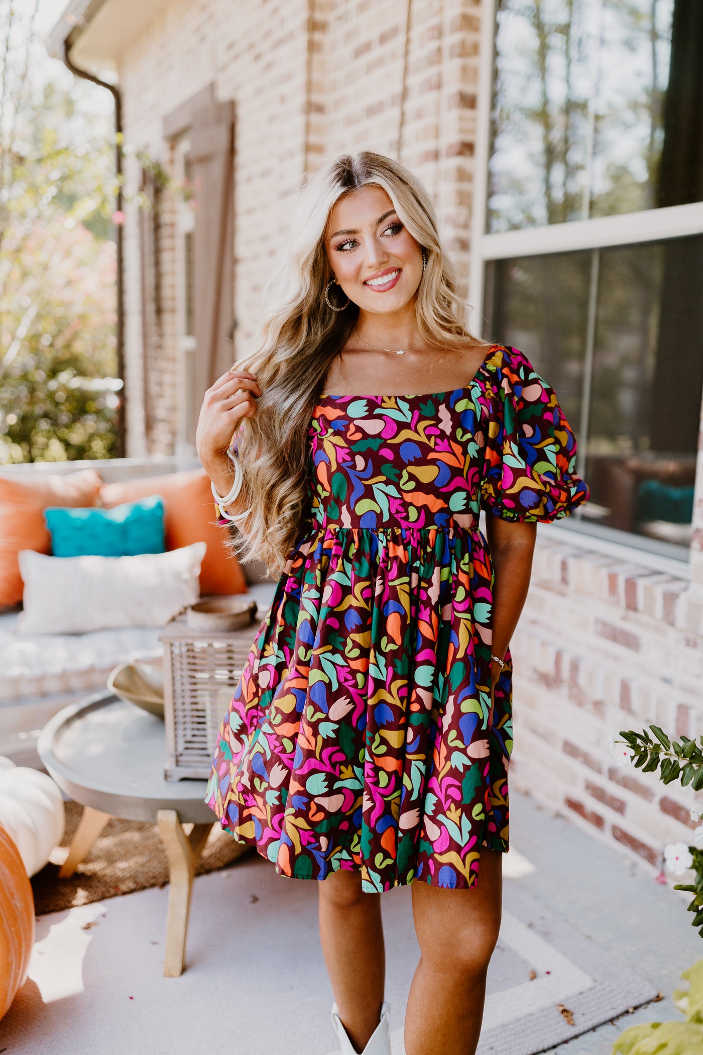 Brown Popping Floral Print Mini Dress