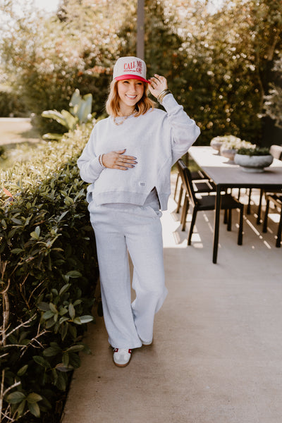 Oatmeal Long Sleeve Crew Neck Pullover and Wide Leg Pant Set