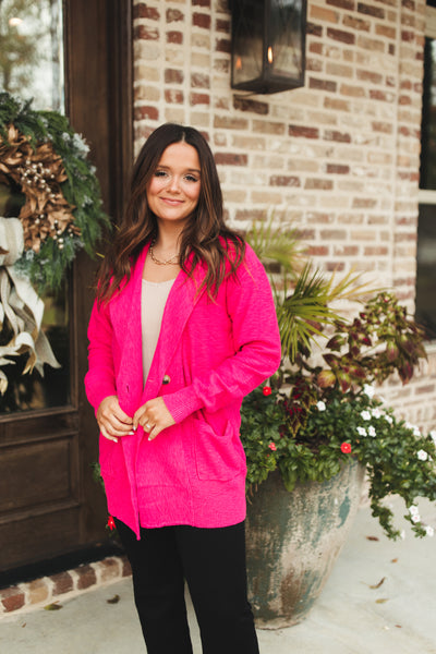 Fuchsia Comfy Knit Collared Button Pocket Cardigan