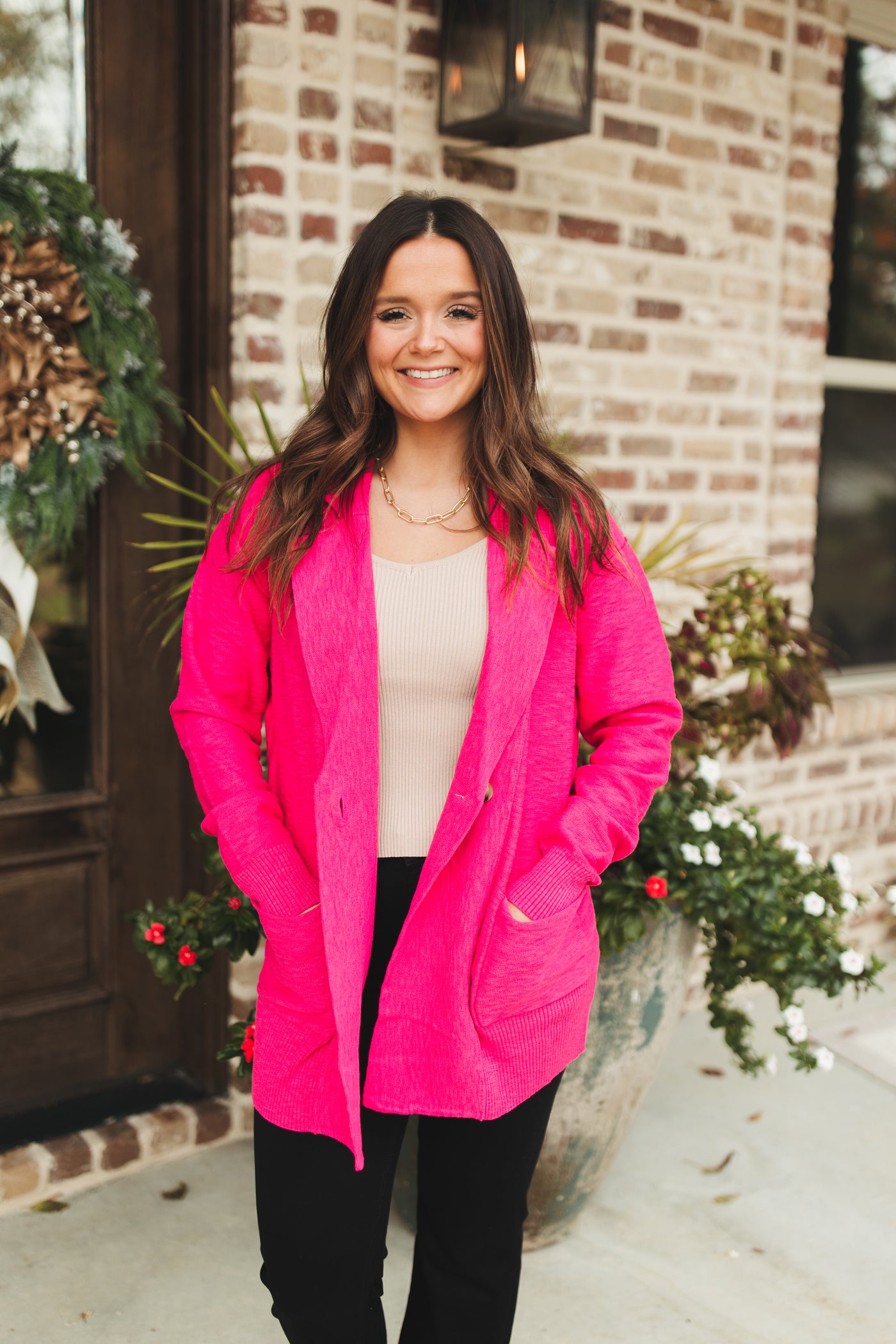 Fuchsia Comfy Knit Collared Button Pocket Cardigan