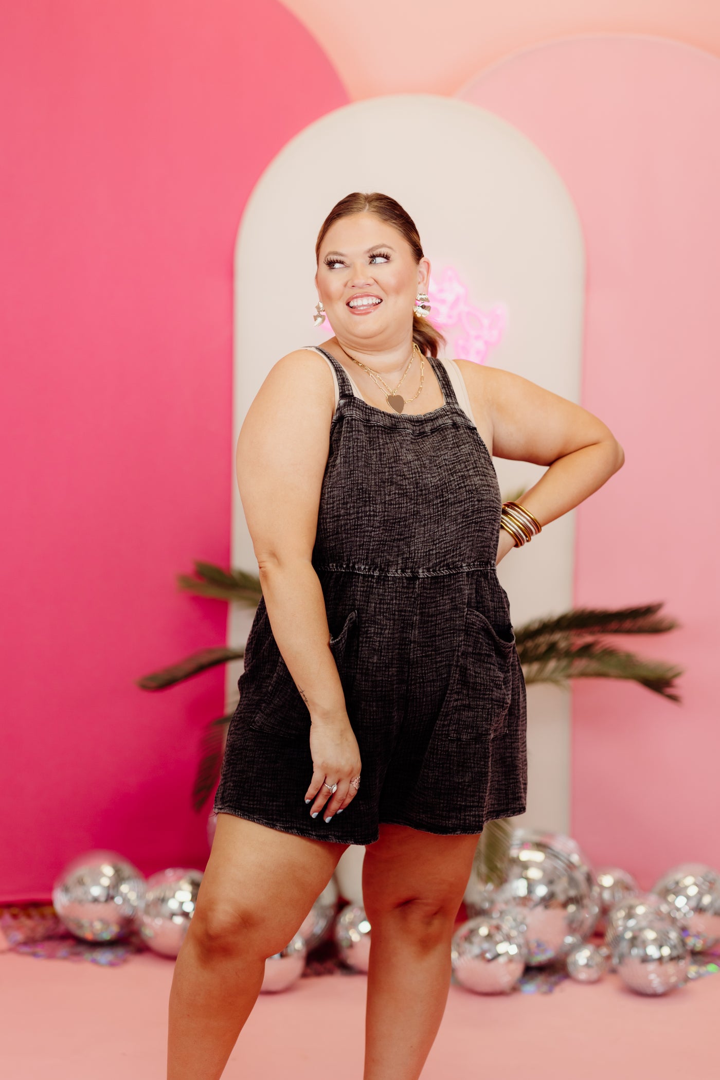 Black Crinkle Square Neck Pocket Romper