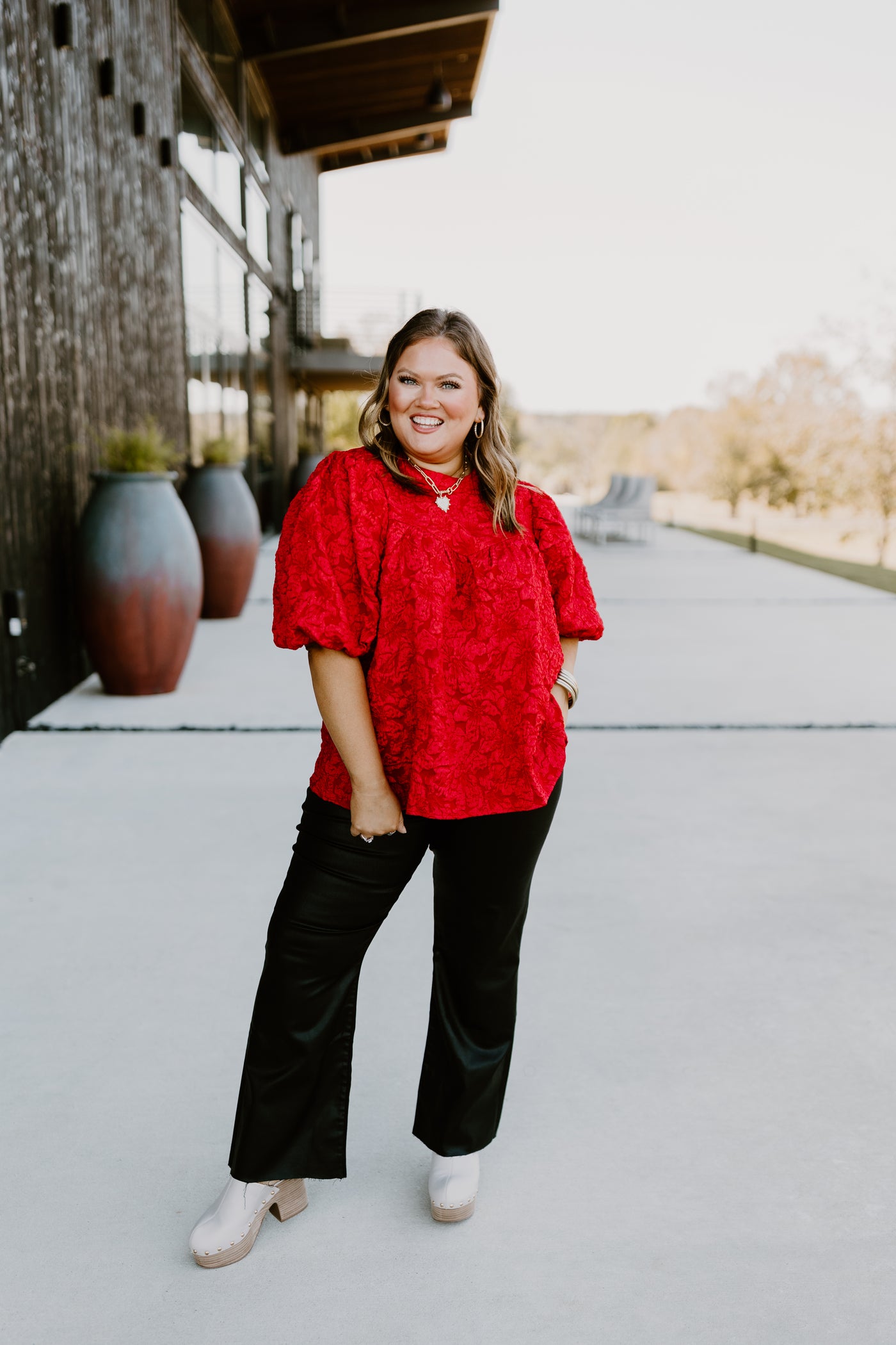 Red Floral Jacquard Puff Sleeve Blouse