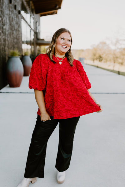 Red Floral Jacquard Puff Sleeve Blouse