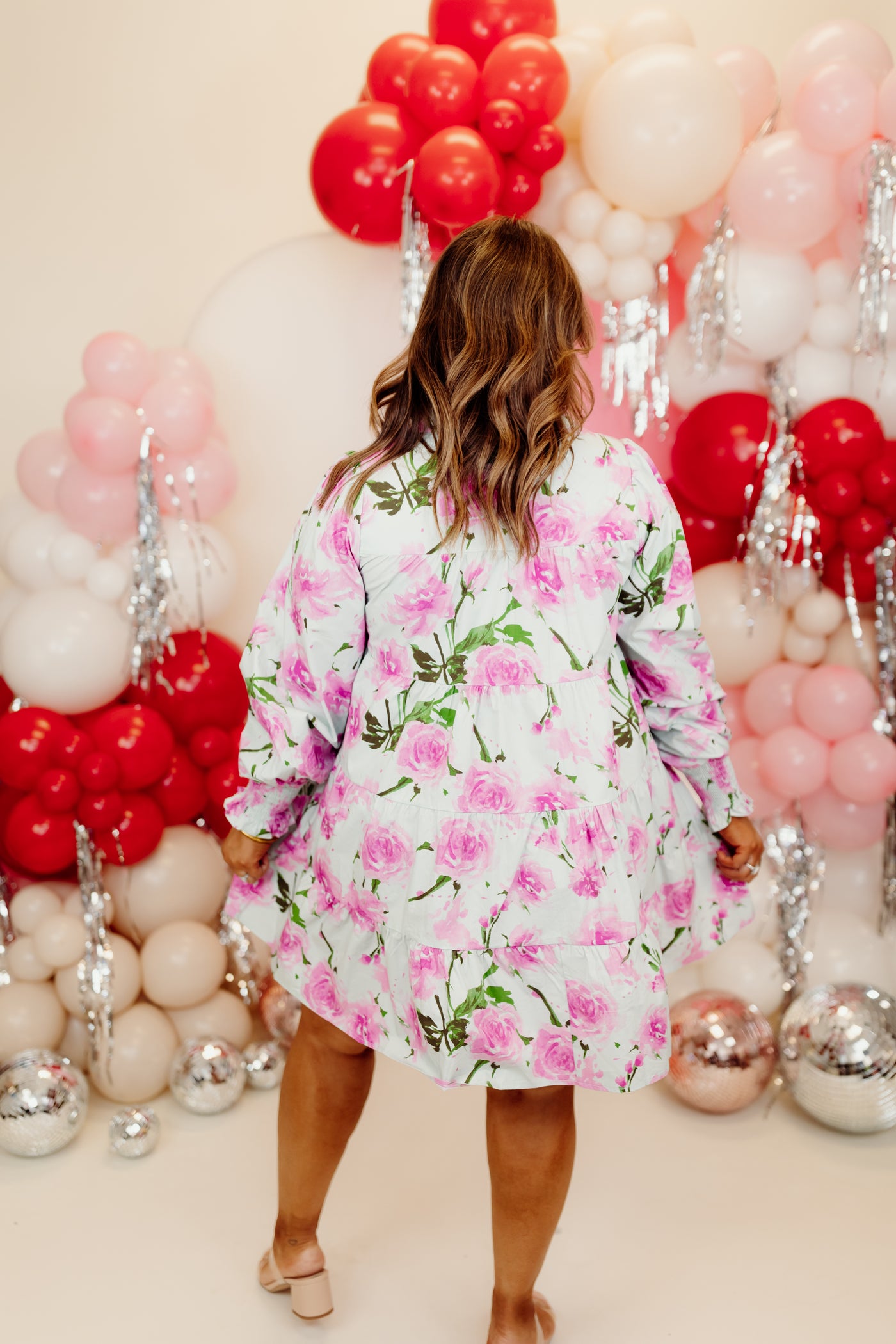 Light Grey and Pink Floral Poplin Button Down Dress