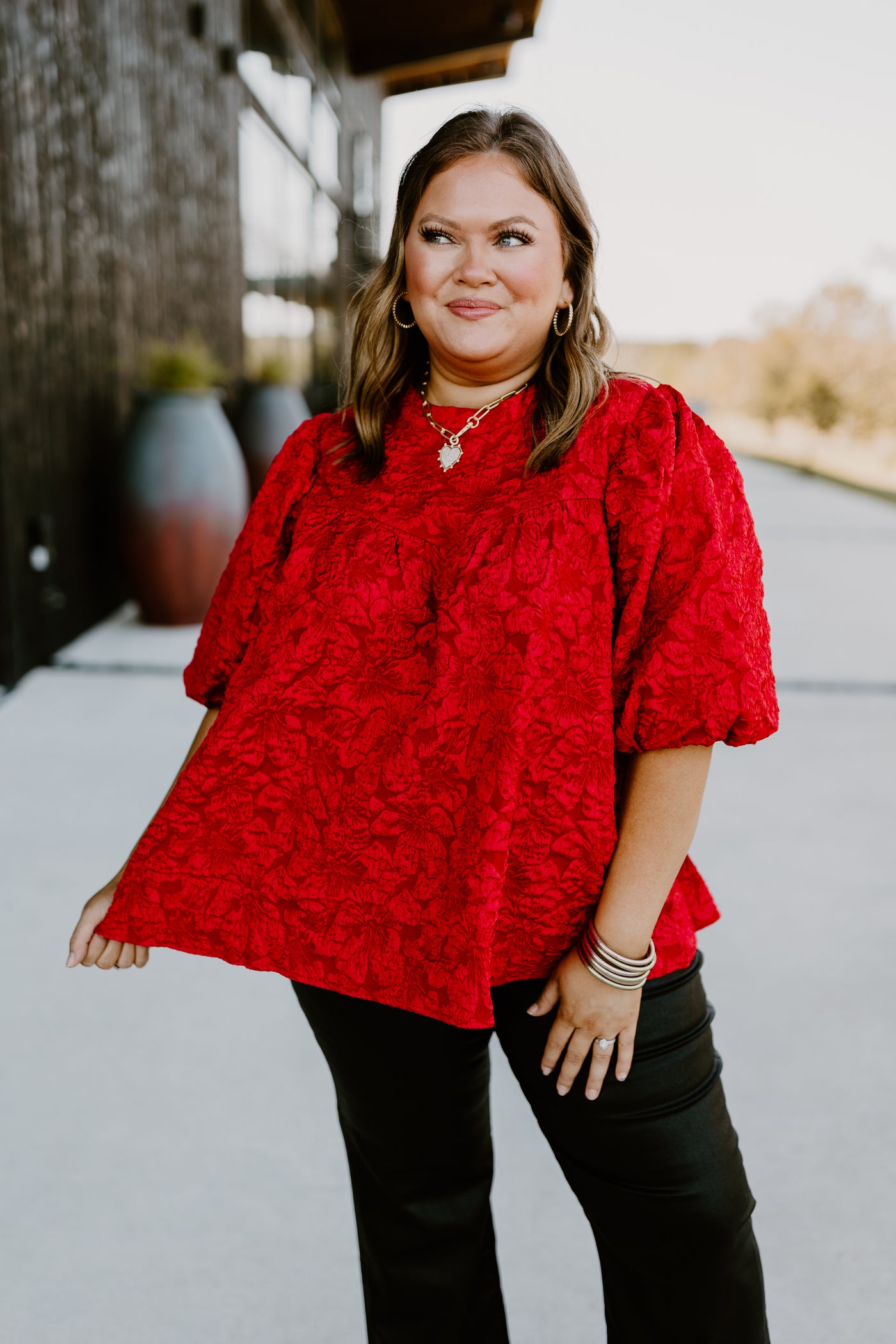 Red Floral Jacquard Puff Sleeve Blouse