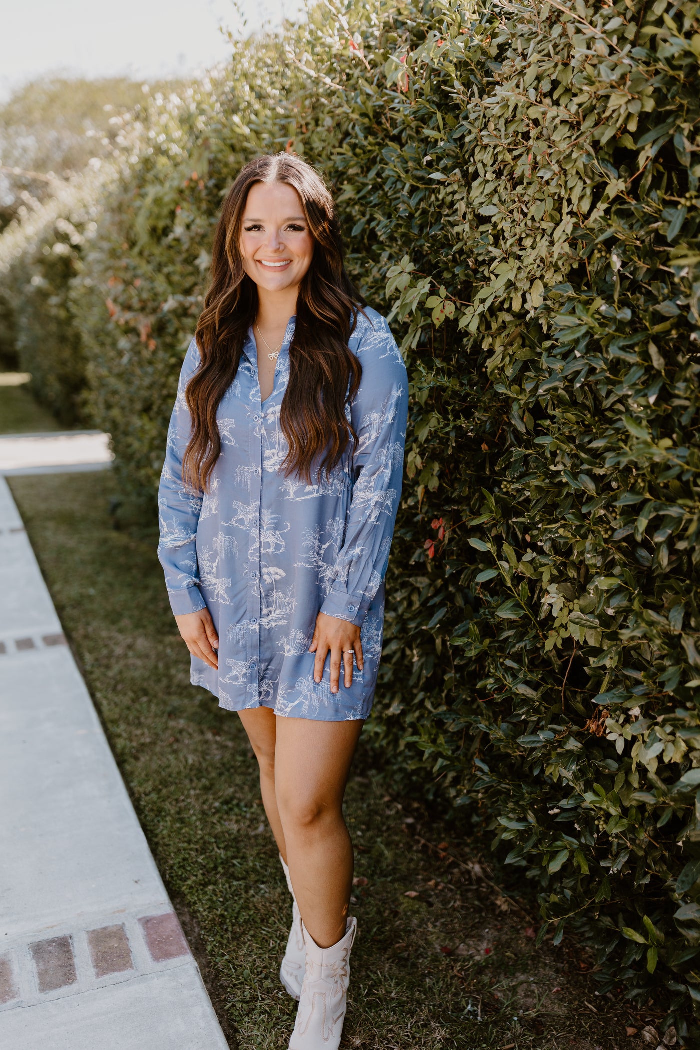 Navy Printed Button Down Collared Long Sleeve Dress