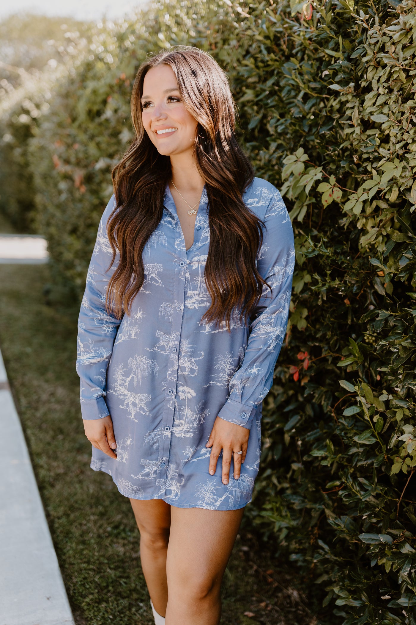 Navy Printed Button Down Collared Long Sleeve Dress