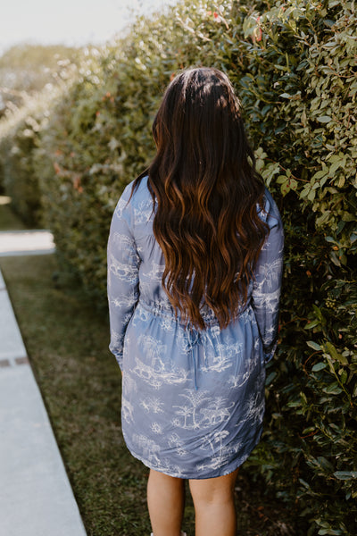 Navy Printed Button Down Collared Long Sleeve Dress