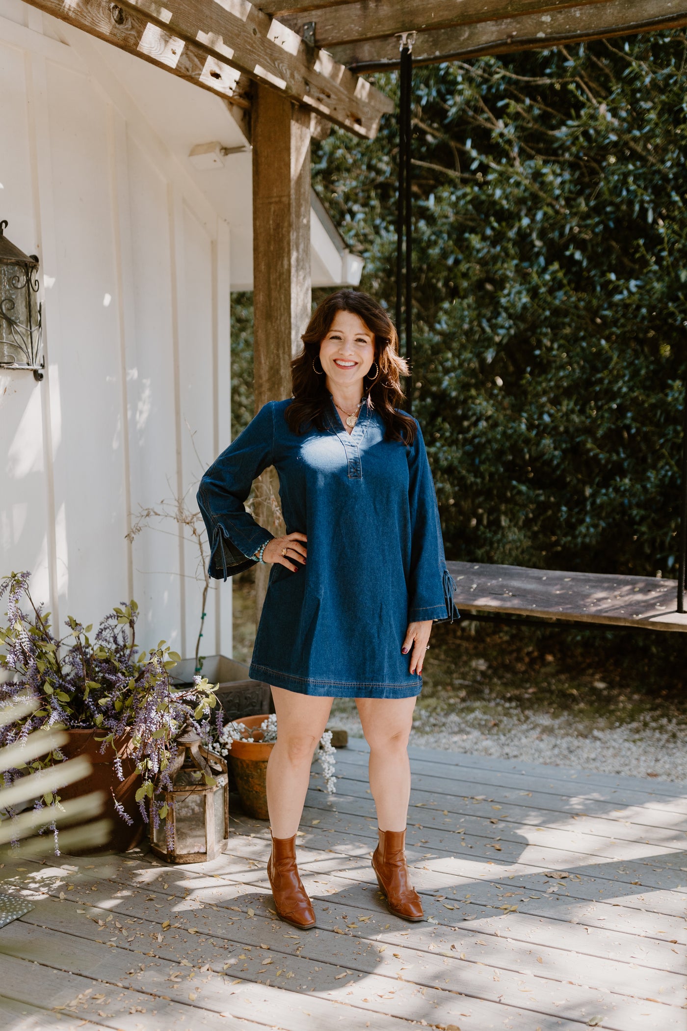 Dark Denim Collared V-Neck Long Sleeve Dress