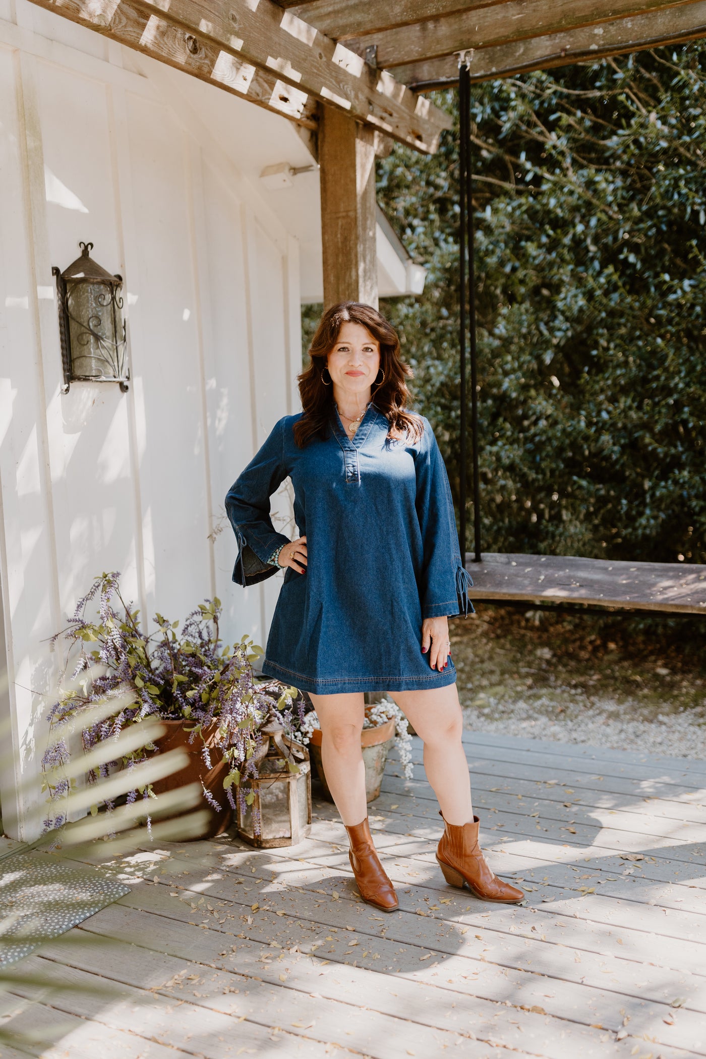 Dark Denim Collared V-Neck Long Sleeve Dress