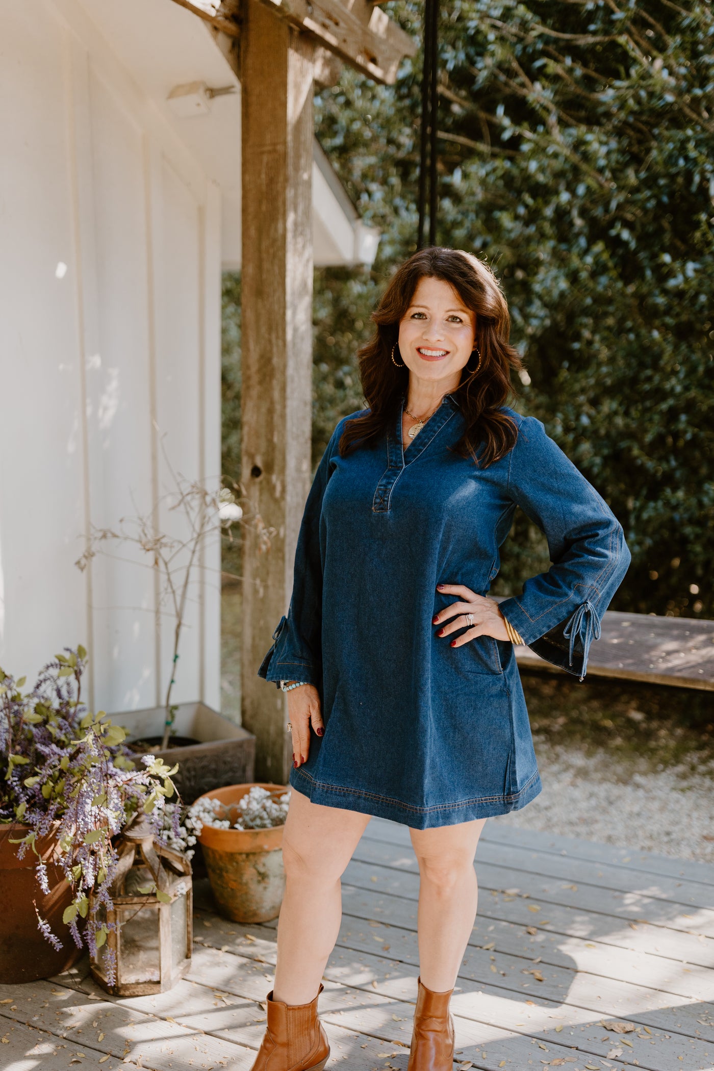 Dark Denim Collared V-Neck Long Sleeve Dress