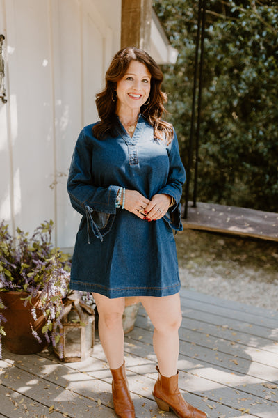 Dark Denim Collared V-Neck Long Sleeve Dress