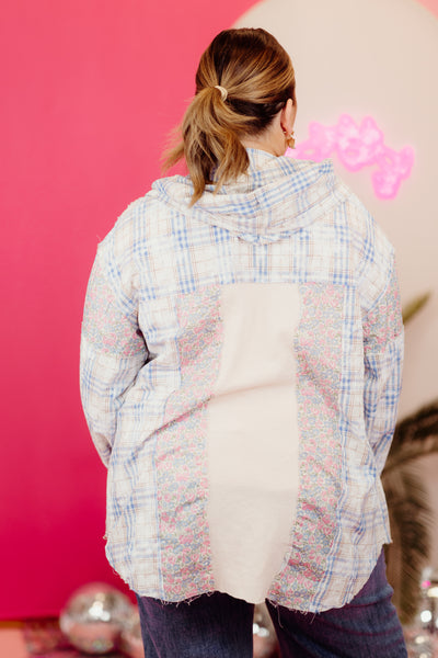 Blue Multi Oversized Mixed Plaid Hoodie Shirt