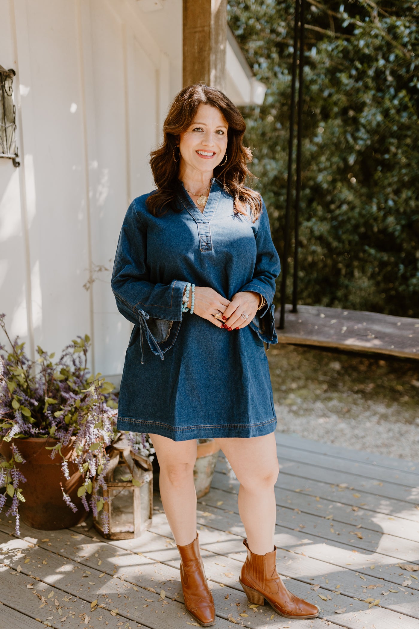 Dark Denim Collared V-Neck Long Sleeve Dress