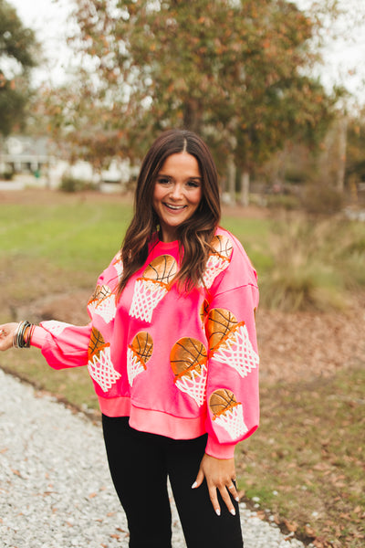 Queen Of Sparkles Neon Pink Basketball Hoop Sweatshirt