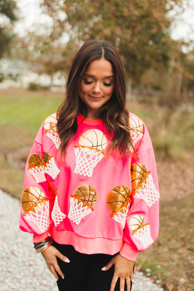 Queen Of Sparkles Neon Pink Basketball Hoop Sweatshirt