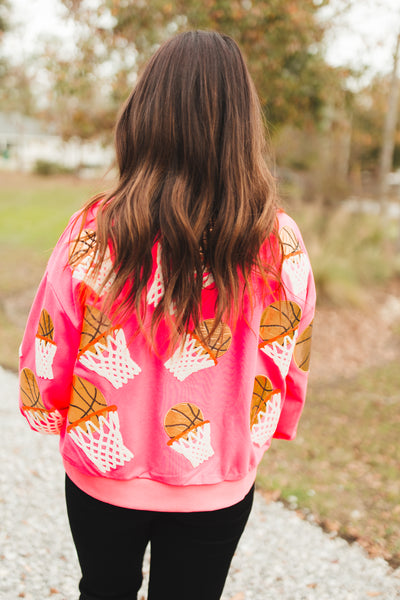 Queen Of Sparkles Neon Pink Basketball Hoop Sweatshirt