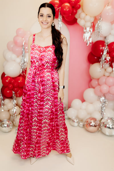 Hot Pink Printed Tie Waist Maxi Dress