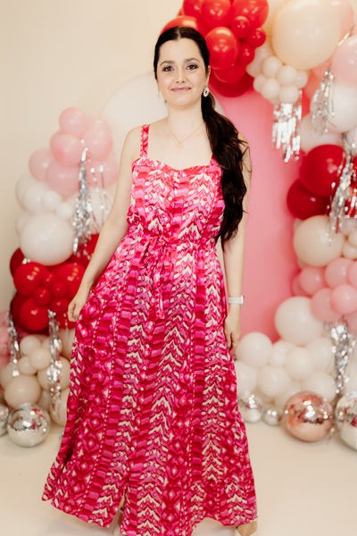 Hot Pink Printed Tie Waist Maxi Dress