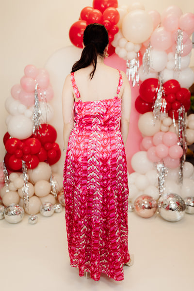 Hot Pink Printed Tie Waist Maxi Dress