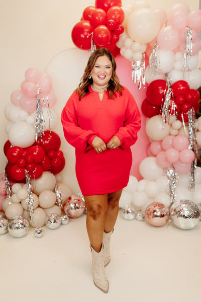 Red Balloon Sleeve Collared Fuzzy Sweater Dress