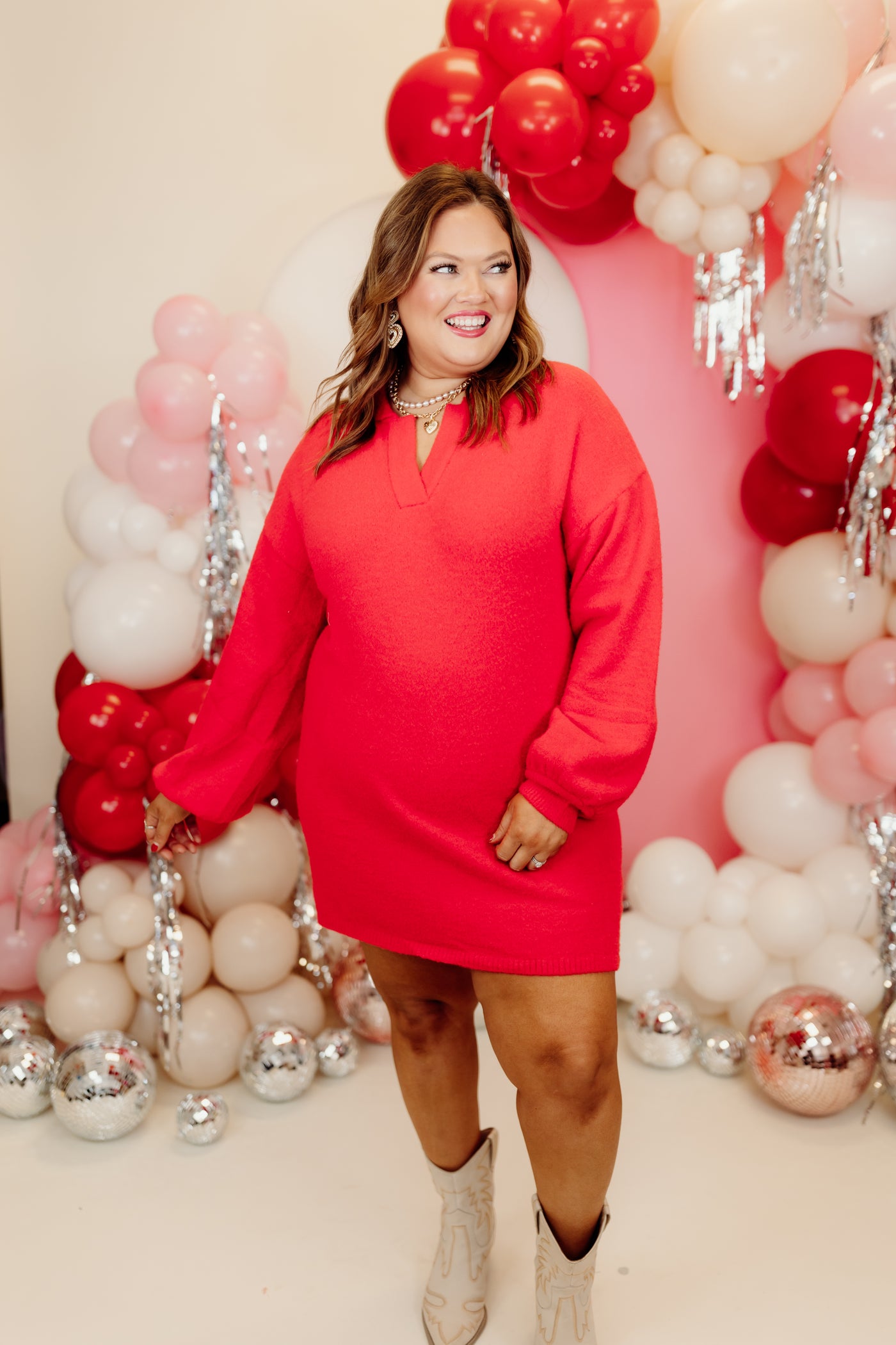 Red Balloon Sleeve Collared Fuzzy Sweater Dress