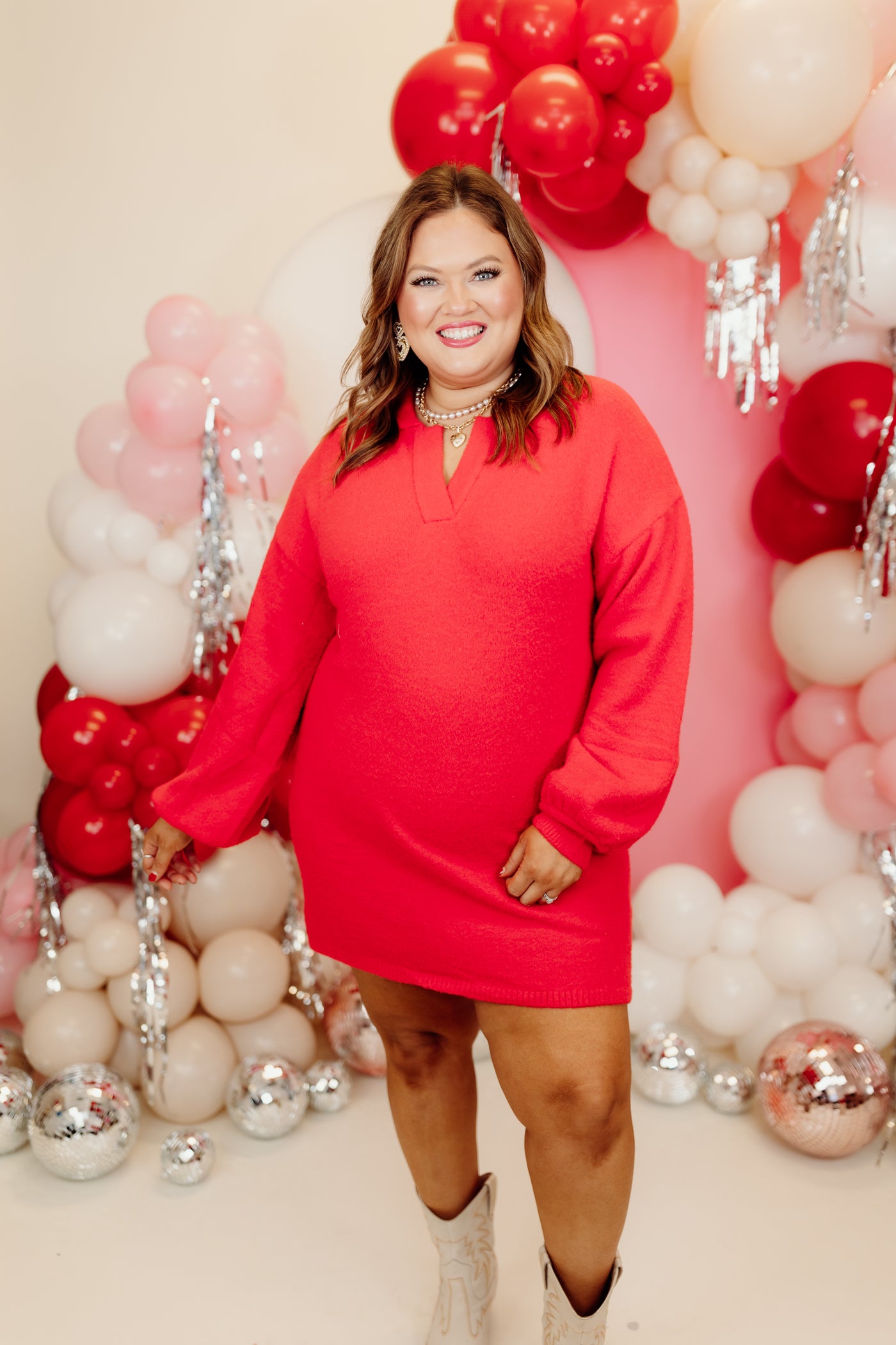 Red Balloon Sleeve Collared Fuzzy Sweater Dress