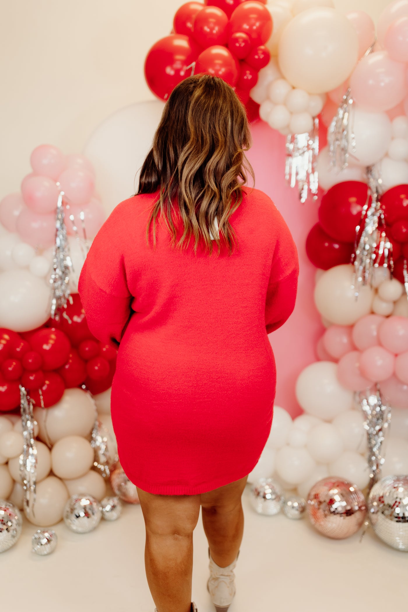 Red Balloon Sleeve Collared Fuzzy Sweater Dress