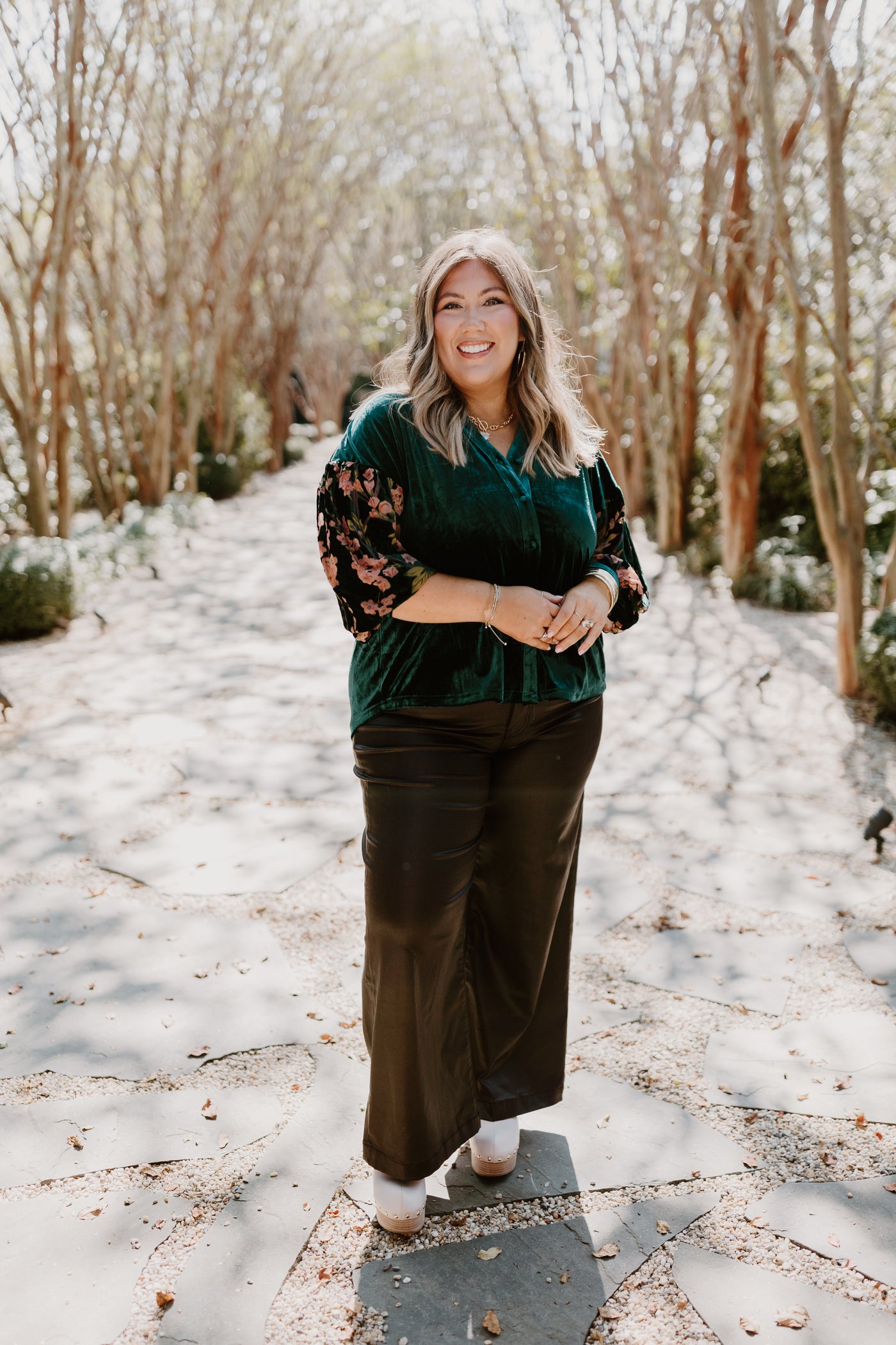 Hunter Green Floral Puff Sleeve Velvet Top