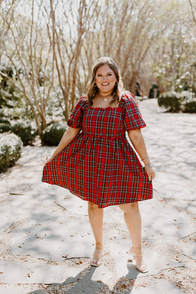 Red Plaid Square Neck Puff Sleeve Dress