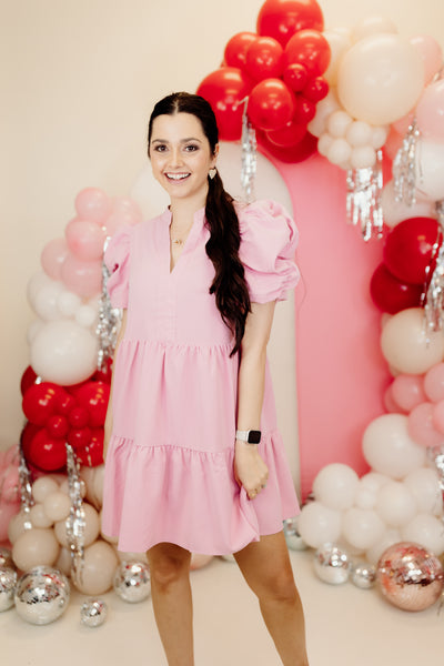 Baby Pink Solid V-Neck Puff Sleeve Mini Dress