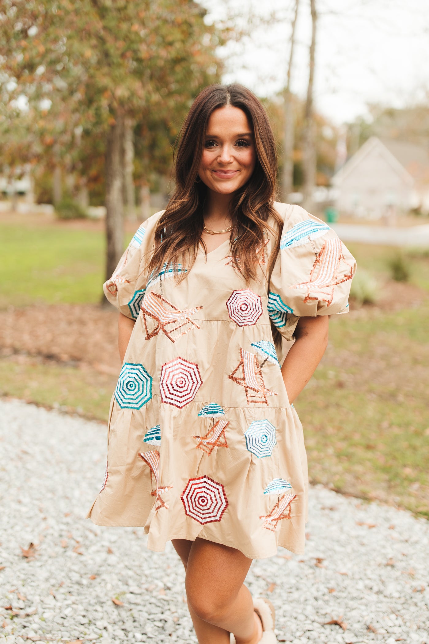 Queen Of Sparkles Tan Umbrella & Chairs Poof Sleeve Dress