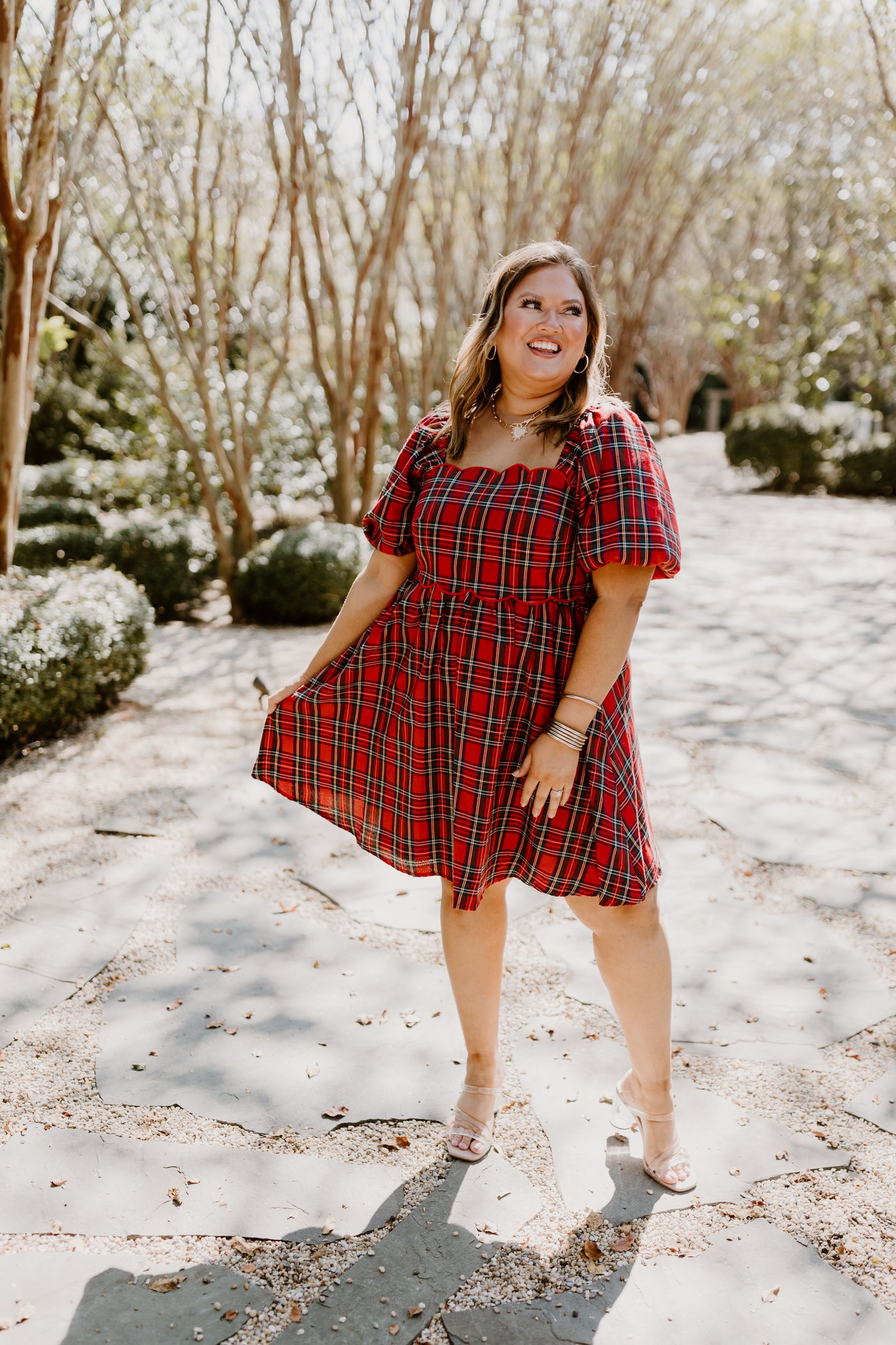 Red Plaid Square Neck Puff Sleeve Dress