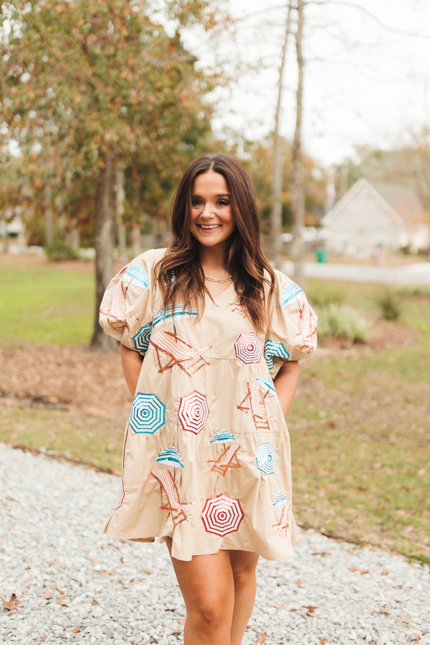 Queen Of Sparkles Tan Umbrella & Chairs Poof Sleeve Dress