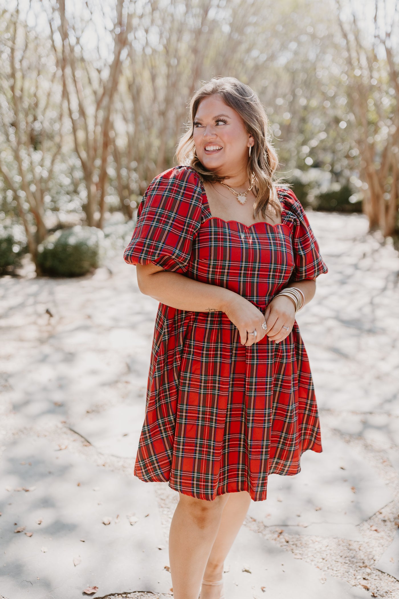 Red Plaid Square Neck Puff Sleeve Dress