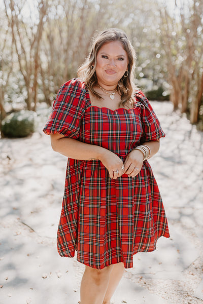 Red Plaid Square Neck Puff Sleeve Dress