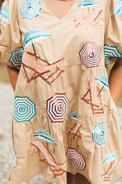 Queen Of Sparkles Tan Umbrella & Chairs Poof Sleeve Dress