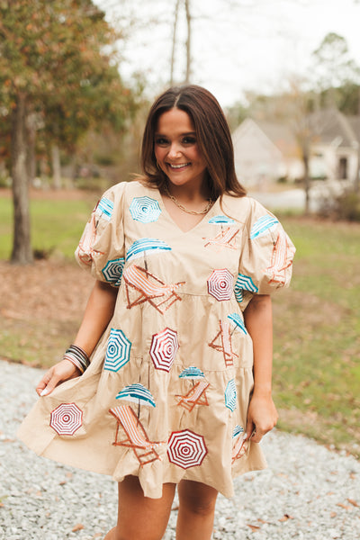 Queen Of Sparkles Tan Umbrella & Chairs Poof Sleeve Dress