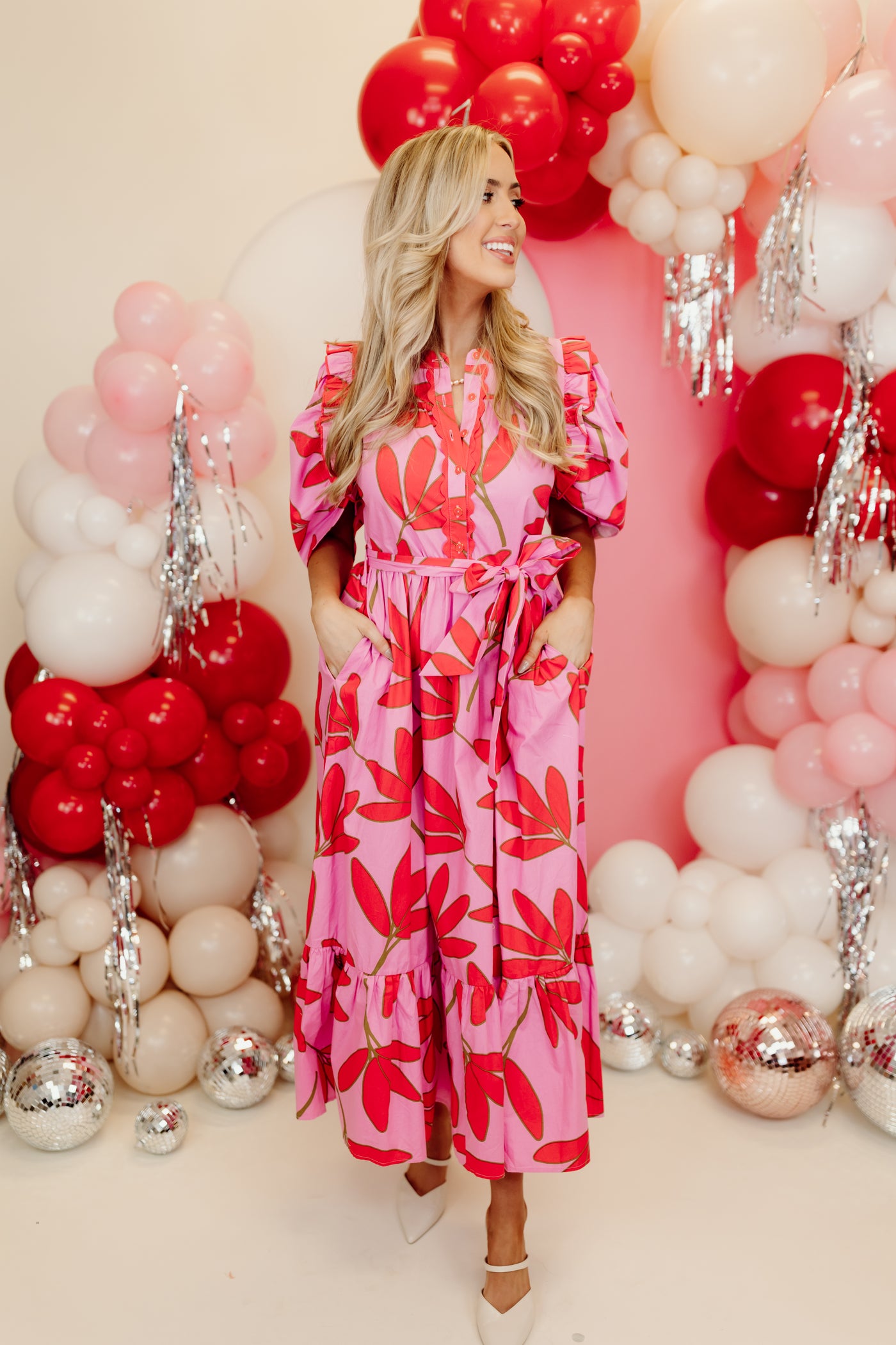 Karlie Cherry Palm Floral Puff Sleeve Tier Maxi Dress