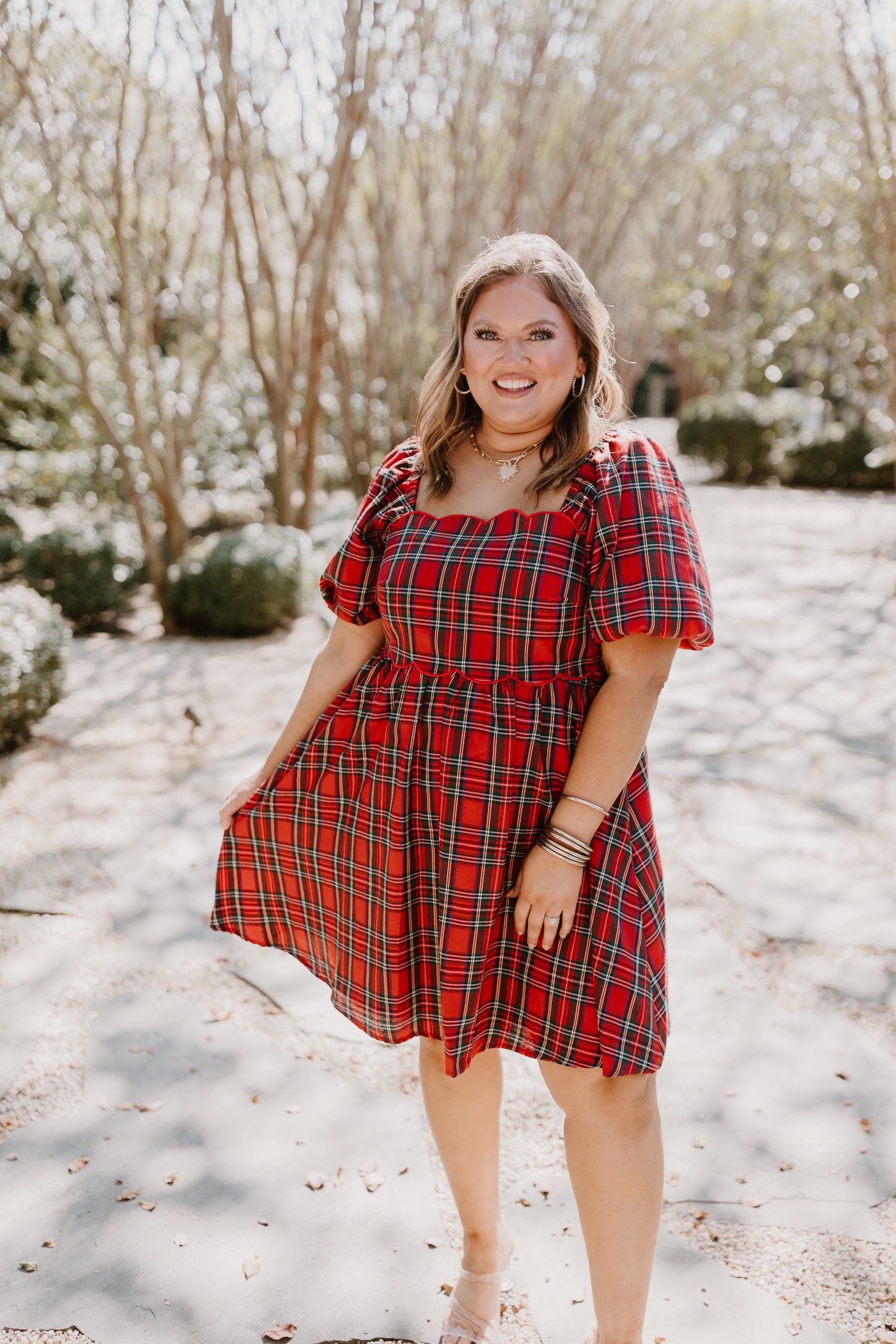 Red Plaid Square Neck Puff Sleeve Dress